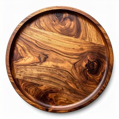 Top View of Round Brown Wooden Plate with Grain Pattern on White Surface