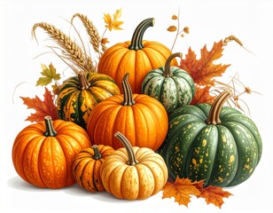 Autumn Harvest Display with Orange Green Pumpkins and Fallen Leaves