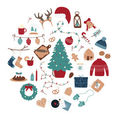 Fototapeta premium Vector illustration of a round composition featuring Christmas elements, including a tree, gifts, candles, and ornaments, symbolizing holiday cheer and festive decorations