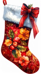 Festive Red Christmas Stocking with Floral and Ribbon Details on White Background