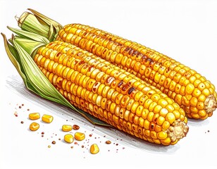 Two Golden Ears of Roasted Corn with Green Husks Isolated on White Background