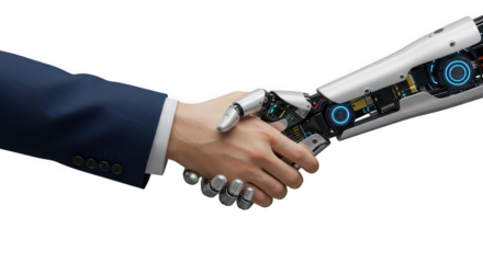 Human hand shaking a robotic AI hand on white PNG background