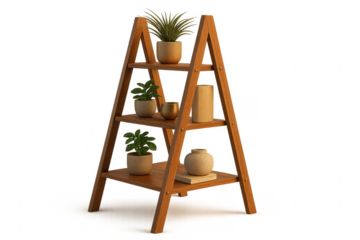 Wooden A frame ladder shelf with potted plants