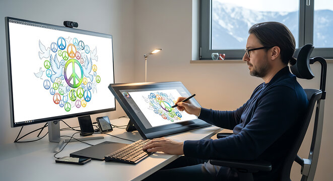 Austrian national day graphic designer creating peace symbol art on digital tablet at modern home office workspace setup today