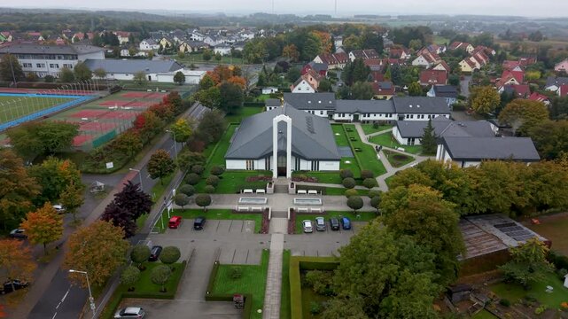 Aerial Freiberg Germany LDS Temple front 2. The Church of Jesus Christ of Latter-day Saints, LDS or Mormon religion. Urban rural neighborhood. Christian religious groups, Europe.
