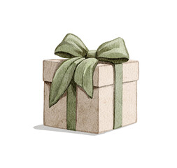 Watercolor vintage box of Christmas present gift with green bow isolated on white background. Watercolor and pencil hand drawn illustration sketch