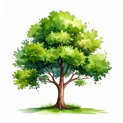 Fototapeta premium Watercolor Tree Illustration with Green Leaves and Brown Trunk on White