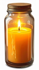 Yellow Pillar Candle with Bright Flame Inside Glass Jar on White Background