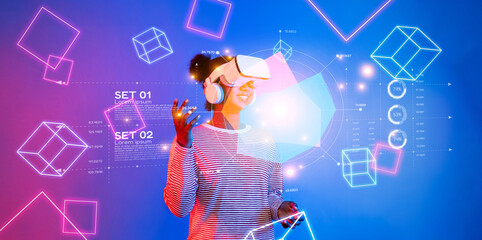 A woman uses virtual reality technology to analyze financial data in a vibrant digital environment filled with dynamic graphics and engaging visuals. XDMCP