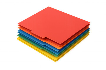 Stack of colorful file folders with tab dividers, organizing paperwork, office supplies, transparent background