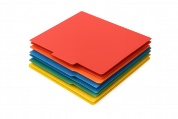 Stack of colorful file folders with tab dividers, organizing paperwork, office supplies, transparent background