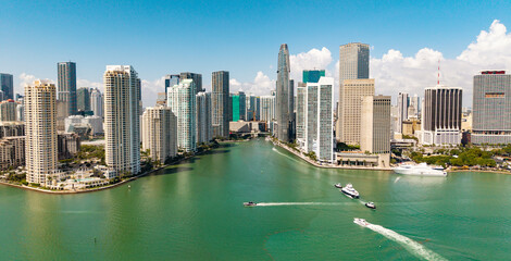 Panoramic view of Miami skyline. Panoramic cityscape of Brickell Miami. Skyscrapers of Brickell....