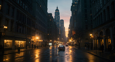 City street at dusk with glowing lights and wet pavement