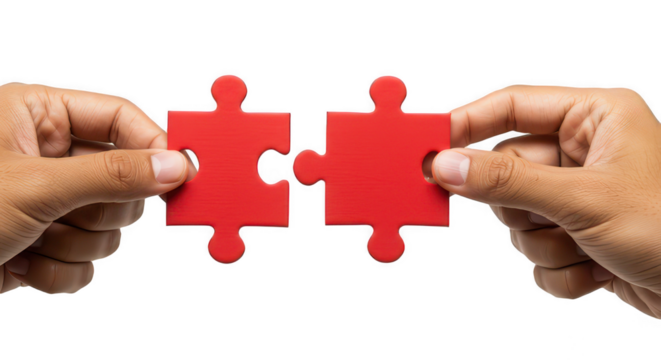 Hands connecting two red jigsaw puzzle pieces, cutout - Powered by Adobe