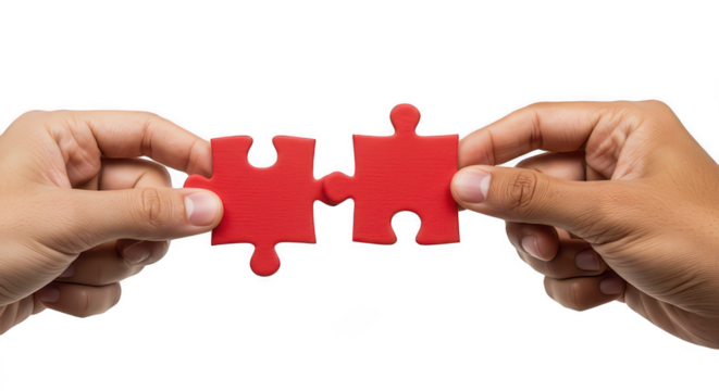 Hands connecting two red jigsaw puzzle pieces, cutout