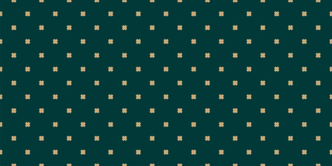 Luxury vector minimal geometric floral seamless pattern. Elegant gold and dark green abstract texture with small crosses, flower shapes, polka dots. Stylish minimal background. Repeating geo design