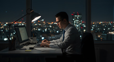 Fototapeta premium Focused employee typing at night in a high-rise office