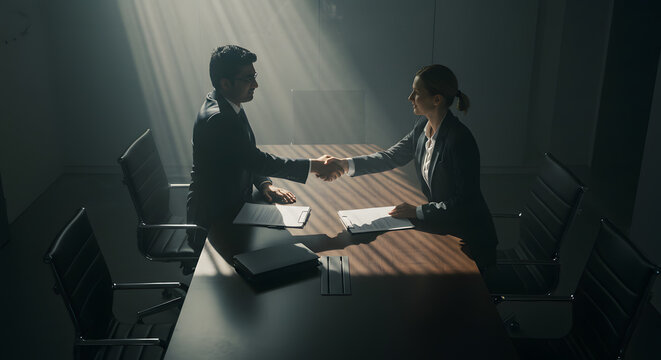 Dramatic handshake between executives in dark boardroom