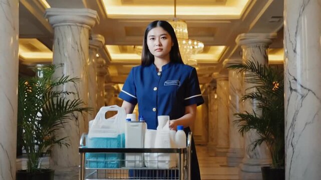 Cleaning worker with a cleaning cart.