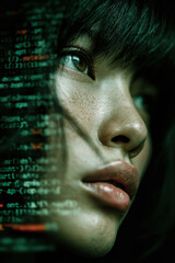 Close-up of asian woman with digital code reflections in high-tech environment