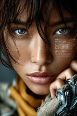Futuristic female warrior with digital interface and intense gaze