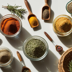 Various spices and herbs arranged in glass jars and wooden spoons on a white surface