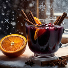 A warm cup of mulled wine sits on a snowy windowsill. Drink is garnished with cinnamon sticks and orange slices