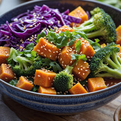 A vibrant bowl of roasted sweet potatoes, fresh broccoli, and purple cabbage garnished with sesame seeds and cilantro
