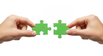 Hands connecting two green jigsaw puzzle pieces on transparent background, PNG