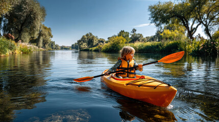 Young child paddling yellow kayak on tranquil river surrounded by lush trees and clear blue sky