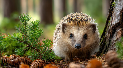 Curious cute hedgehog in forest clearing among pinecones on blurred trees background in summer, nature and wildlife concept.