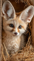 Fennec fox peering from straw nest with large ears and expressive eyes in natural habitat, cute animal portrait