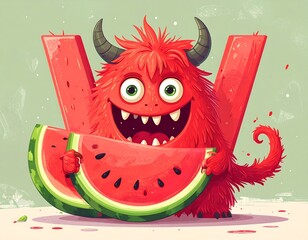 Cute monster shaped like 'W' holding watermelon slice