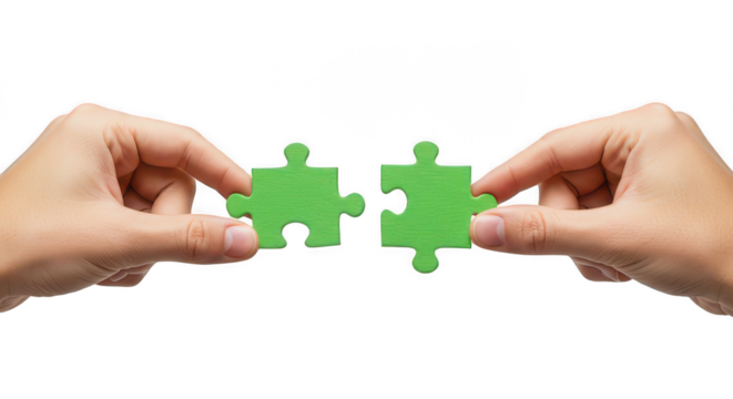 Hands connecting two green jigsaw puzzle pieces on transparent background, PNG