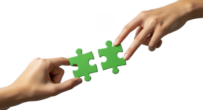 Hands connecting two green jigsaw puzzle pieces on transparent background, PNG