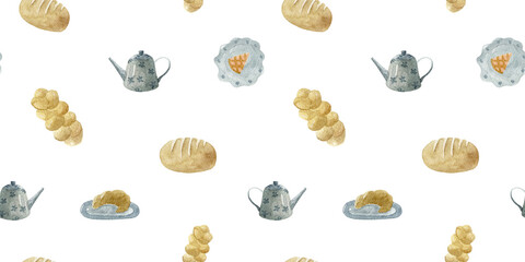 Charming hand-painted watercolor pattern featuring bread, teapot, pie slice and croissant on transparent background. Perfect for textile prints, wallpapers, wrapping paper or kitchen decor. 