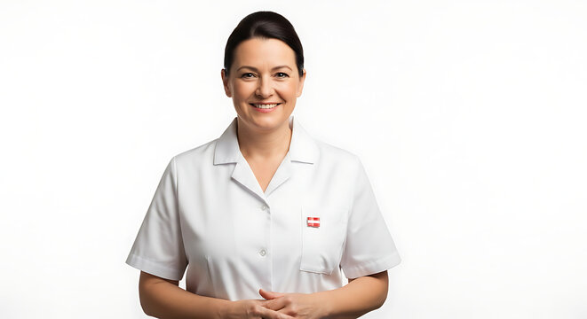 Austrian national day portrait of smiling austrian female doctor in white coat professional medical care healthcare concept