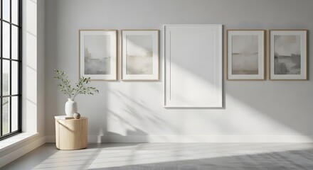 Fototapeta premium Modern living room interior with framed artwork and a plant on a side table, bathed in sunlight