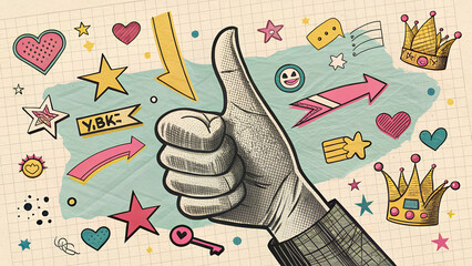 Y2k dot halftone human hand gesture collage, retro comic sticker and grunge torn paper cutout element in pop art style with doodle arrow, crown, love and star icon. Vintage dotted arm and thumb sign.