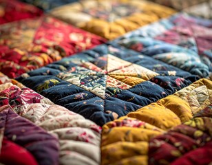 Close-up view of a vibrant patchwork quilt