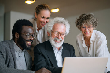 Multiple generations of business professionals collaborate around a laptop, sharing ideas with positive, inclusive energy in a minimalistic studio.