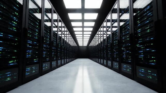 Tracking Shot Down Aisle in Futuristic Data Center
