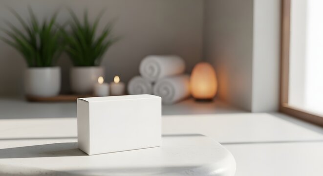 A white soap bar packaging box sits on a white table in a bright bathroom with plants and towels
