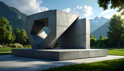 Modern concrete sculpture in a park setting