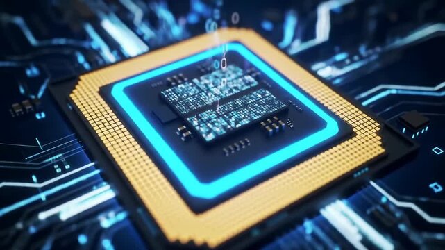 CPU processor with data processing, glowing components in digital circuit on dark background, for technology concept