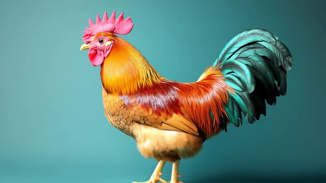 Proud rooster poses against a simple studio backdrop showing colorful plumage and dignified stance