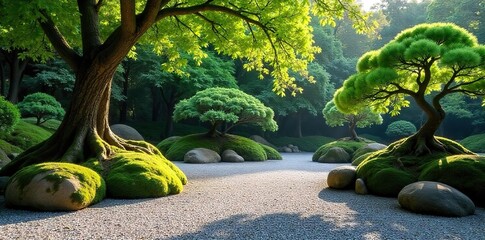Serene Japanese Zen Garden Raked Gravel, Moss, Ancient Trees, Peaceful Contemplation