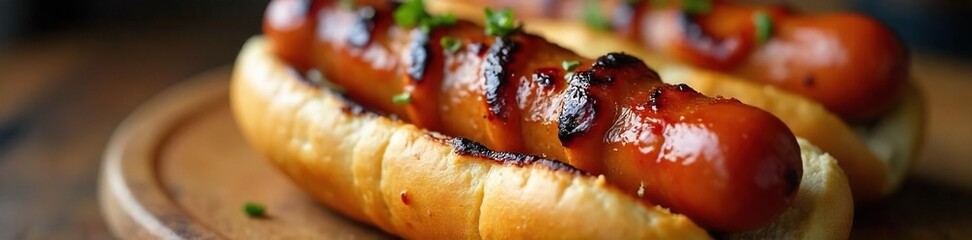 Juicy Grilled Pork Hot Dog on a Bun A Close-Up of Classic American Barbecue Food, Ready to Eat