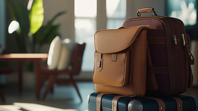 Three suitcases of different colors are stacked on top of each other in a bright room by the window, ready for travel. The sunlight reflects off the half-shell, creating a cozy morning atmosphere.