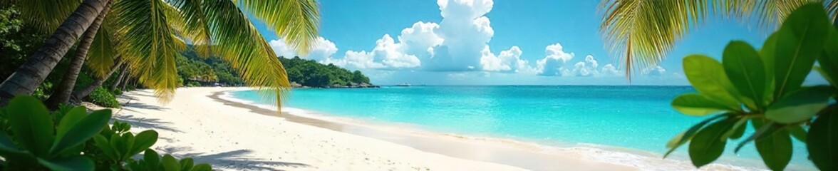 Sun-Drenched Bahamian Beach Turquoise Waters Lap Pristine White Sands, Lush Tropical Foliage Creates a Postcard-Perfect Paradise Scene Ideal for Travel and Vacation Marketing